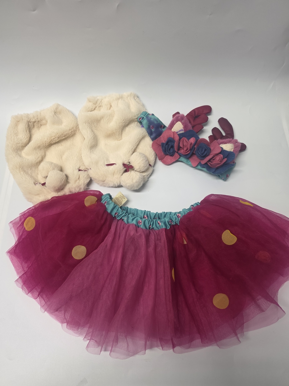 Girls Magenta Tulle Tutu Skirt with Cream Boot Cuffs and Floral Headband